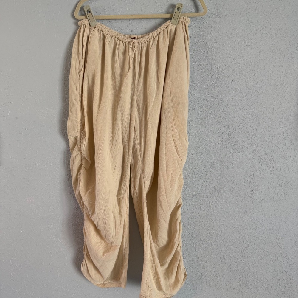 Free People Cream Gauze Ruched Harem Pants Small Neutral Boho Relaxed Drawstring